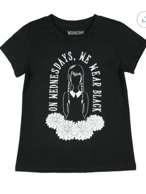 Girls' Black Short Sleeve Graphic Tee - Gothic Floral Slogan Wednesday Addams